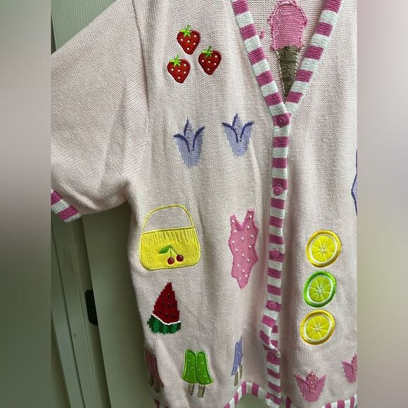 The Quacker Factory Pink Ice Cream Fruit Short Sleeve Sweater Embroidered SZ 1X - Picture 4 of 5